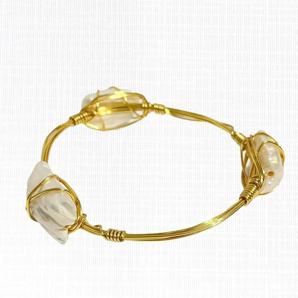 Wire Caged Chunky Pearl Bangle Bracelet Gold Tone Coastal Beach Handcrafted Art